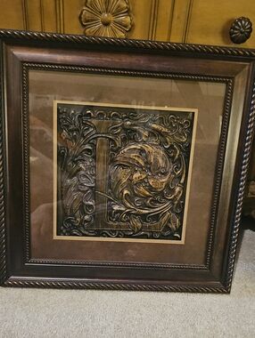 Large Monogram L Brown and Gold Framed Ornate Wall Art 18x18